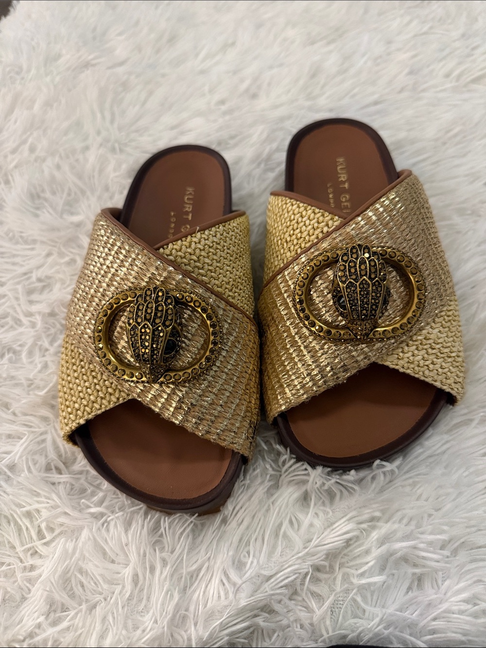 Kurt Geiger Chelsea Gold Woven Slide Mules with Ornate Medallions